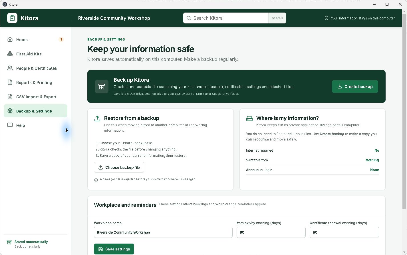 Kitora Backup and Settings screen showing backup, restore and local storage guidance