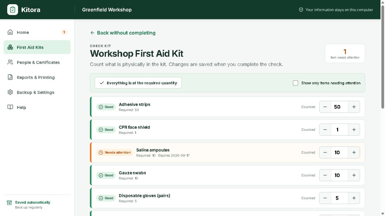 Kitora Check Kit screen with item quantities and actions for a physical first aid kit check