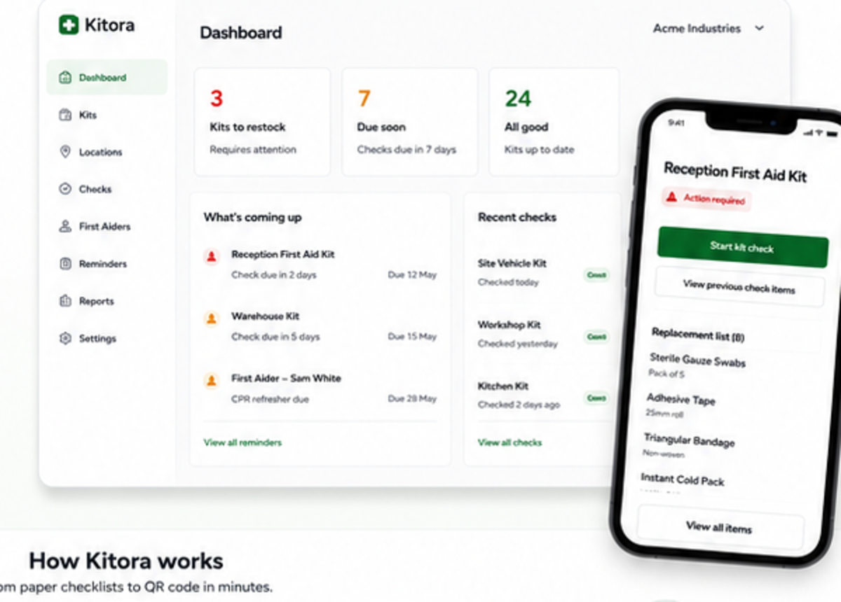 Kitora dashboard and mobile QR kit check mockup